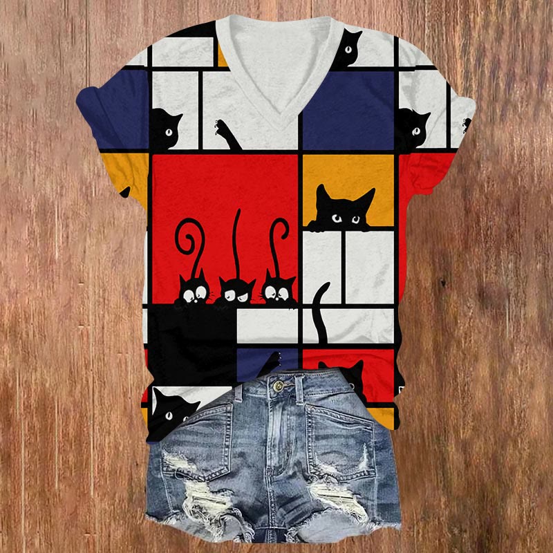 Funny Geometric Black Kitten Art Print V-neck T-shirt - Multicolor - US32-34(5XL) - image 1