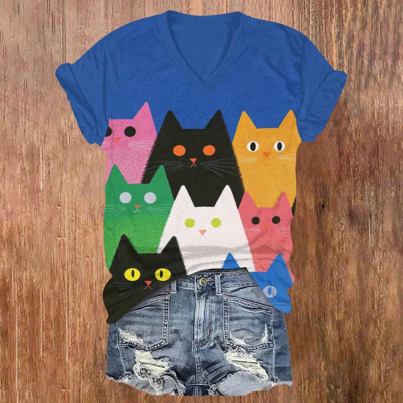 Funny Colorful Cartoon Cat Art Print V-neck T-shirt - Multicolor - US32-34(5XL) - image 1