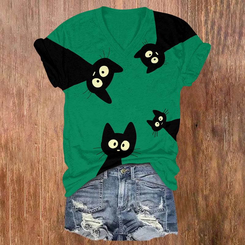 Creative Overlooking Cat Art Print V-neck T-shirt - Green - US32-34(5XL) - image 1