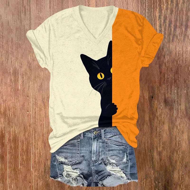 Contrast Peeping Cat Art Print V-neck T-shirt - Beige - US32-34(5XL) - image 1