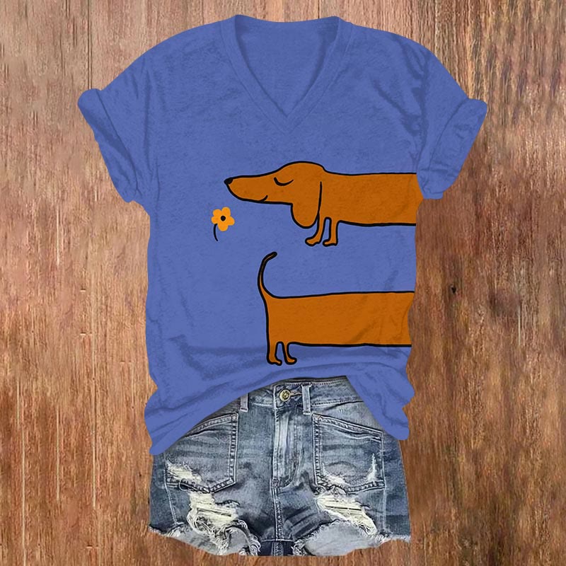 Funny Dachshund & Flower Art Print V-neck T-shirt - Blue - US32-34(5XL) - image 1