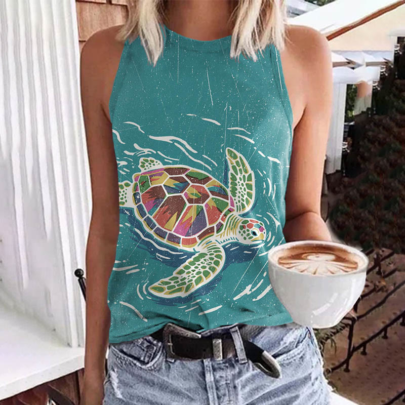 Rainy Colorful Sea Turtle Art Print Crew Neck Tank Top - Green - 5XL - image 1