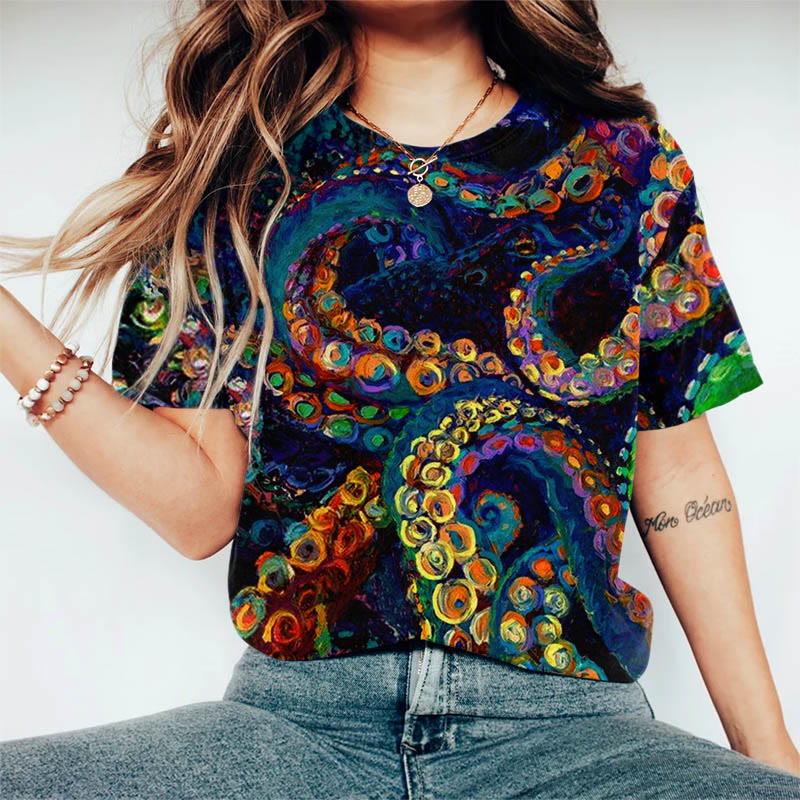 Mysterious Rainbow Octopus Tentacles Art Print Casaul T-shirt - Multicolor - US44-46(8XL) - image 1