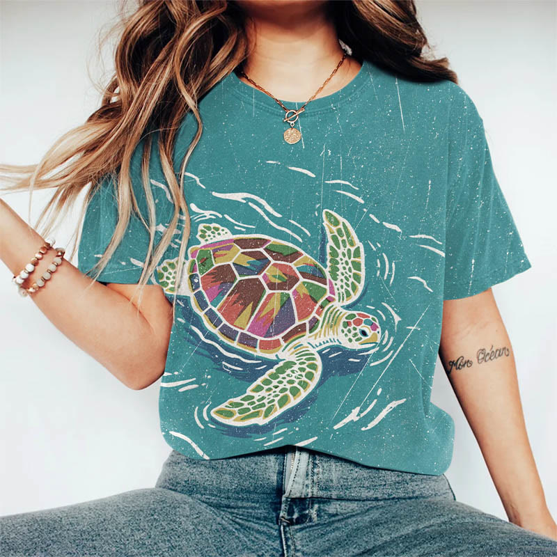 Rainy Colorful Sea Turtle Art Print Casaul T-shirt - Green - US44-46(8XL) - image 1