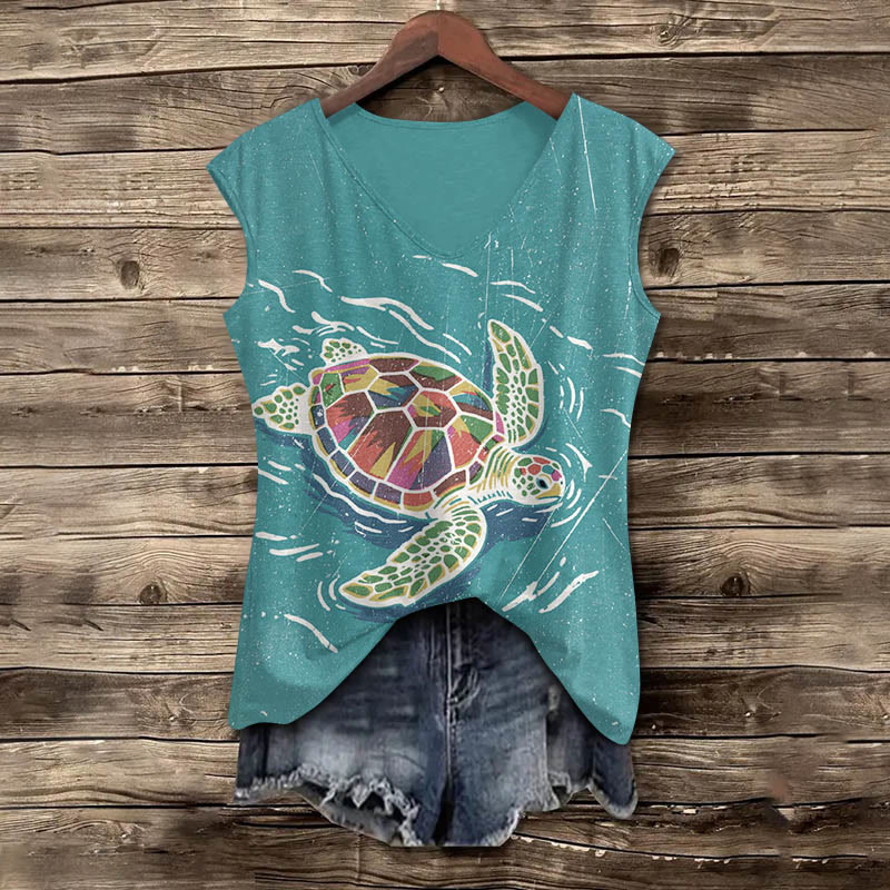Rainy Colorful Sea Turtle Art Print V-neck Tank Top - Green - 5XL - image 1