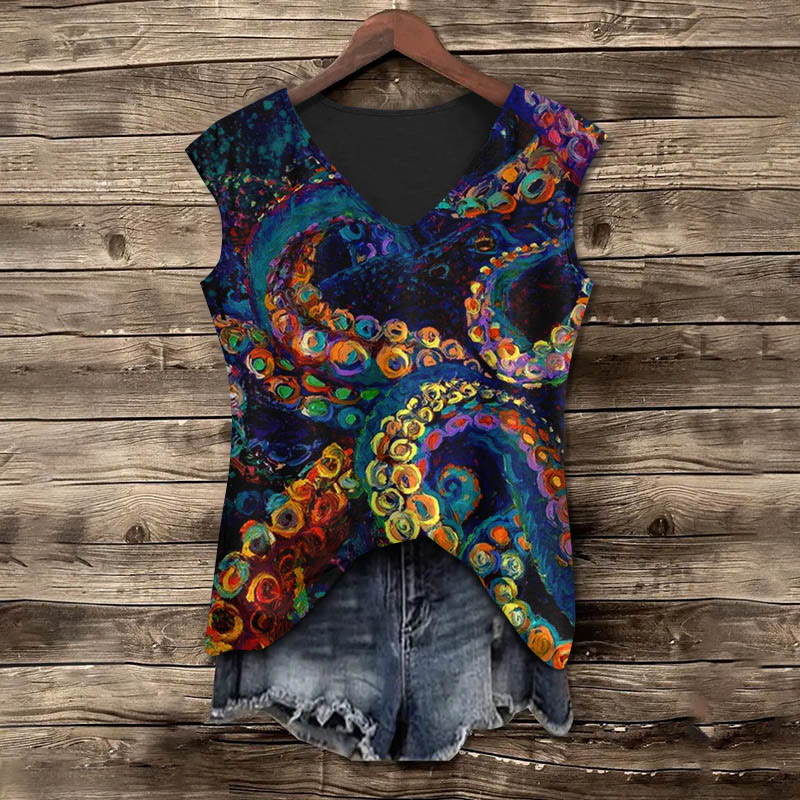 Mysterious Rainbow Octopus Tentacles Art Print V-neck Tank Top - Multicolor - 5XL - image 1