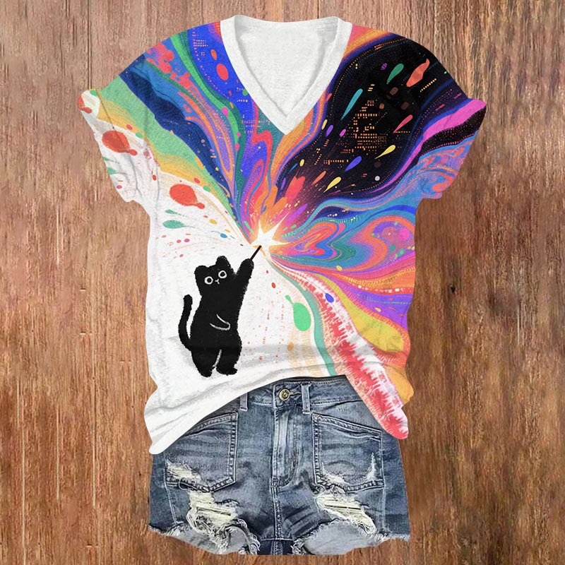 Funny Black Cat Painting Rainbow Art Print T-shirt - Multicolor - US32-34(5XL) - image 1
