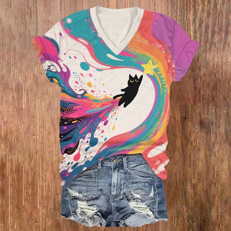 Funny Cat Riding Rainbow Chasing Star Art Print T-shirt - Multicolor - US32-34(5XL) - image 1