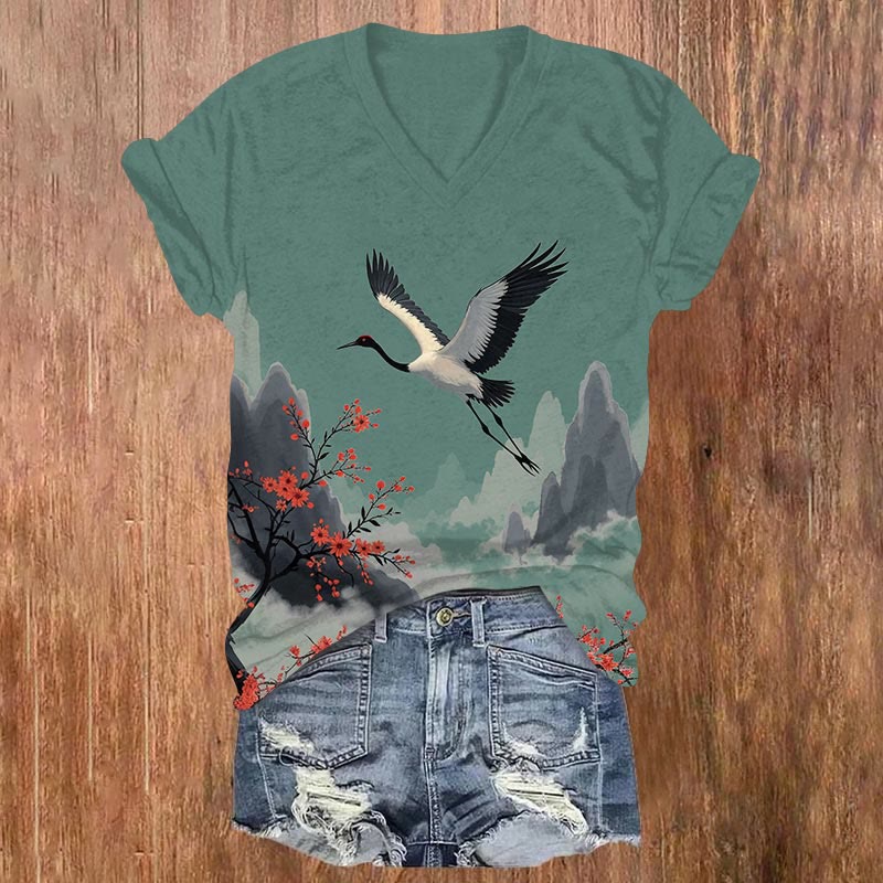 Vintage Crane Flying Across Mountain Art Print T-shirt - Green - US32-34(5XL) - image 1