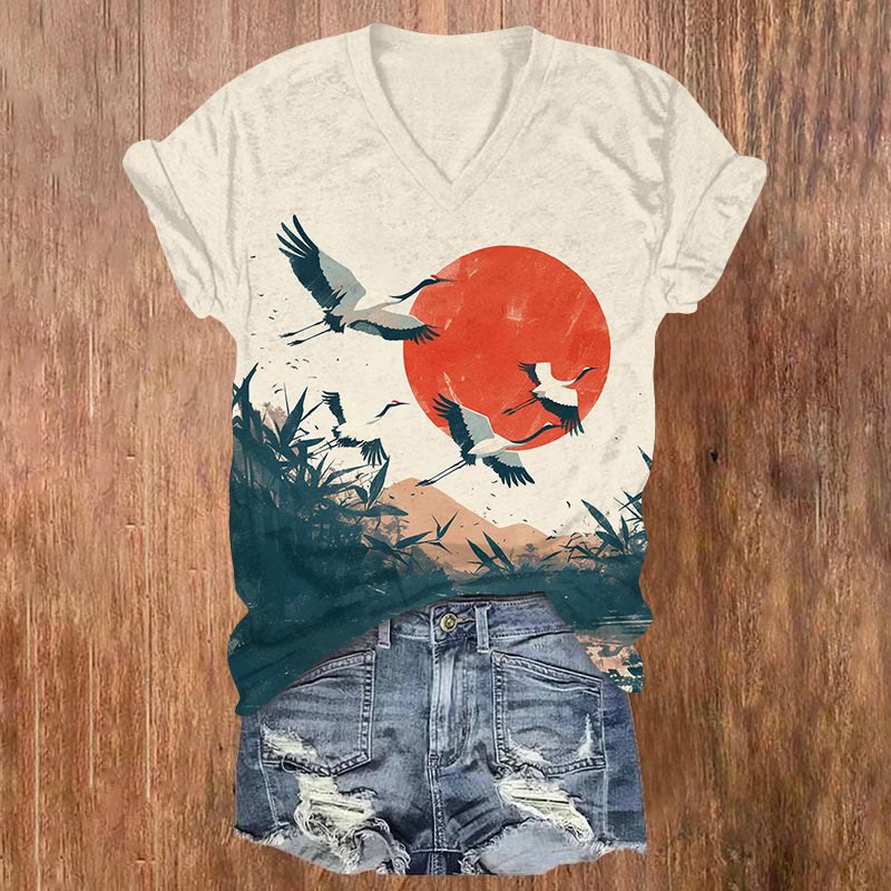 Vintage Cranes Flying Under The Sun Art Print T-shirt - Beige - US32-34(5XL) - image 1