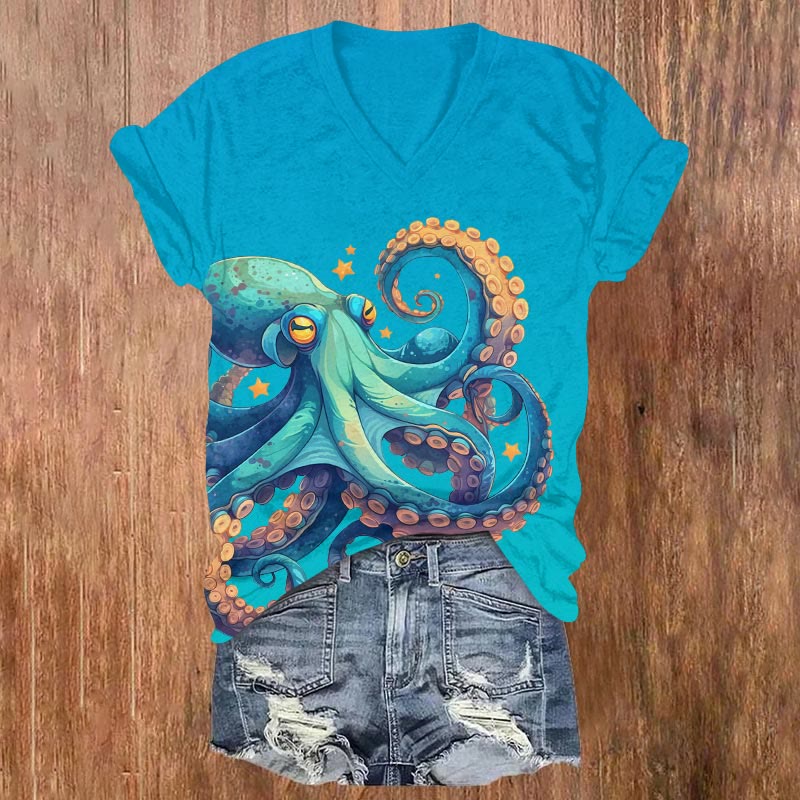Vintage Funny Ombre Octopus Art Print T-shirt - Blue - US32-34(5XL) - image 1