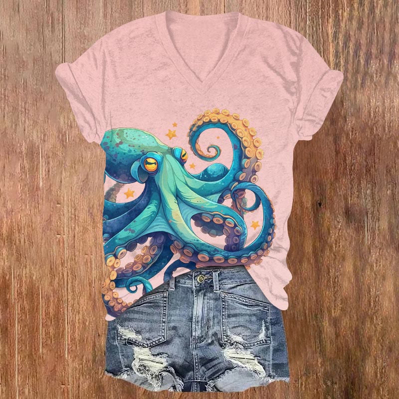 Vintage Funny Ombre Octopus Art Print T-shirt - Pink - US32-34(5XL) - image 3