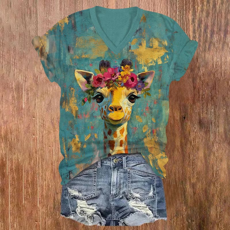 Lovely Oil Painting Floral Giraffe Art Print T-shirt - Green - US32-34(5XL) - image 1