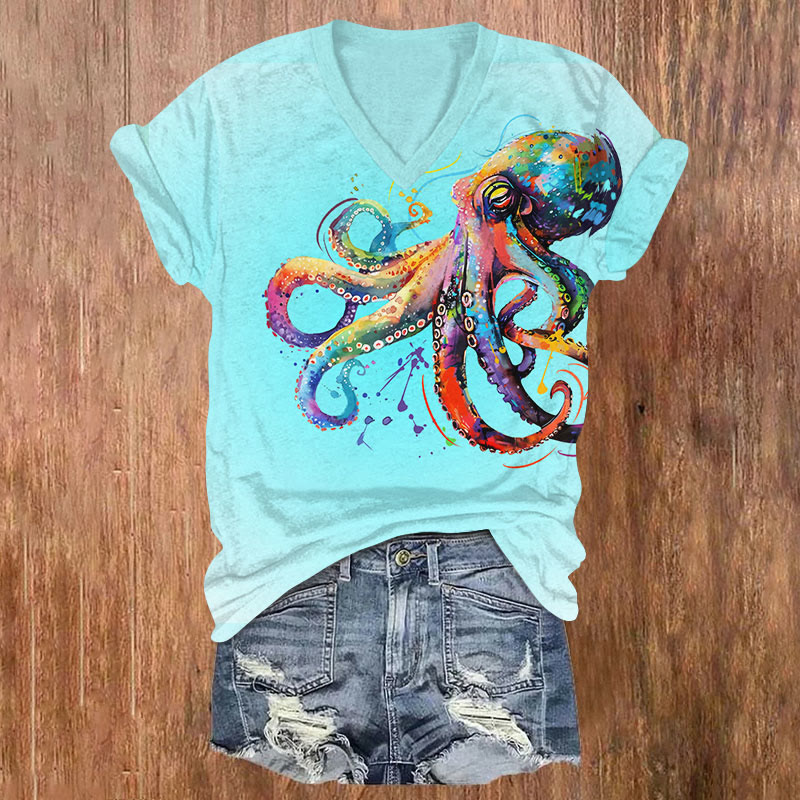 Watercolor Rainbow Octopus Art T-shirt - Lake Blue - US32-34(5XL) - image 1