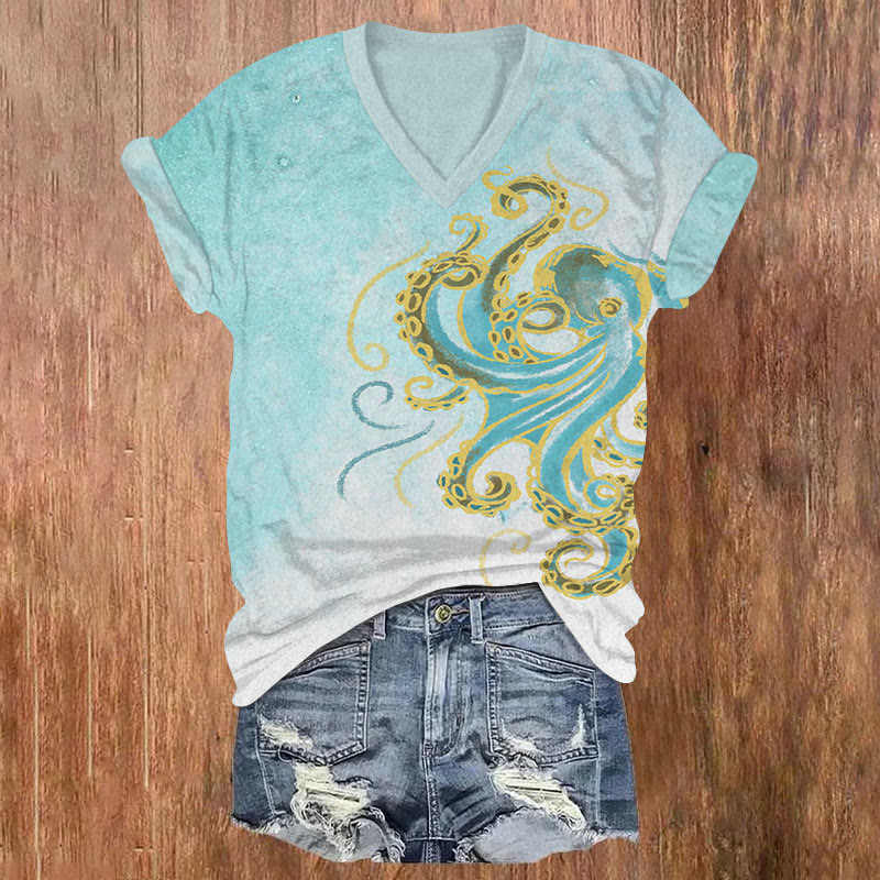 Funny Abstract Octopus Art T-shirt - Light Blue - US32-34(5XL) - image 1