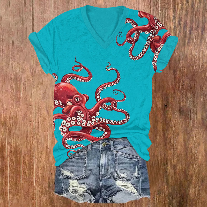 Funny Red Octopus Art T-shirt - Blue - US32-34(5XL) - image 1