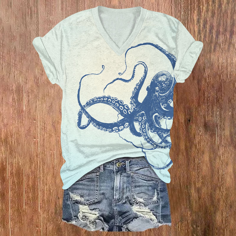 Vintage Octopus Art T-shirt - Light Blue - US32-34(5XL) - image 2