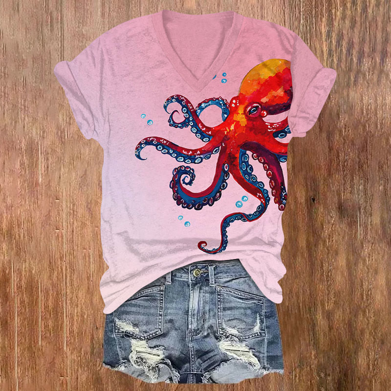 Vintage Ombre Octopus Art T-shirt - Pink - US32-34(5XL) - image 1