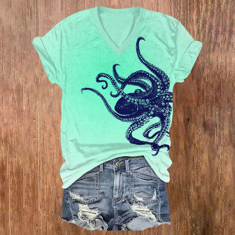 Watercolor Blue Octopus Art T-shirt - Green - US32-34(5XL) - image 1