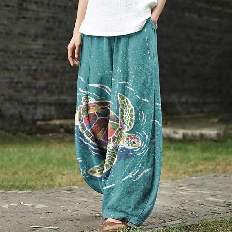 Rainy Colorful Sea Turtle Art Print Casual Pants - Green - US18(5XL) - image 1