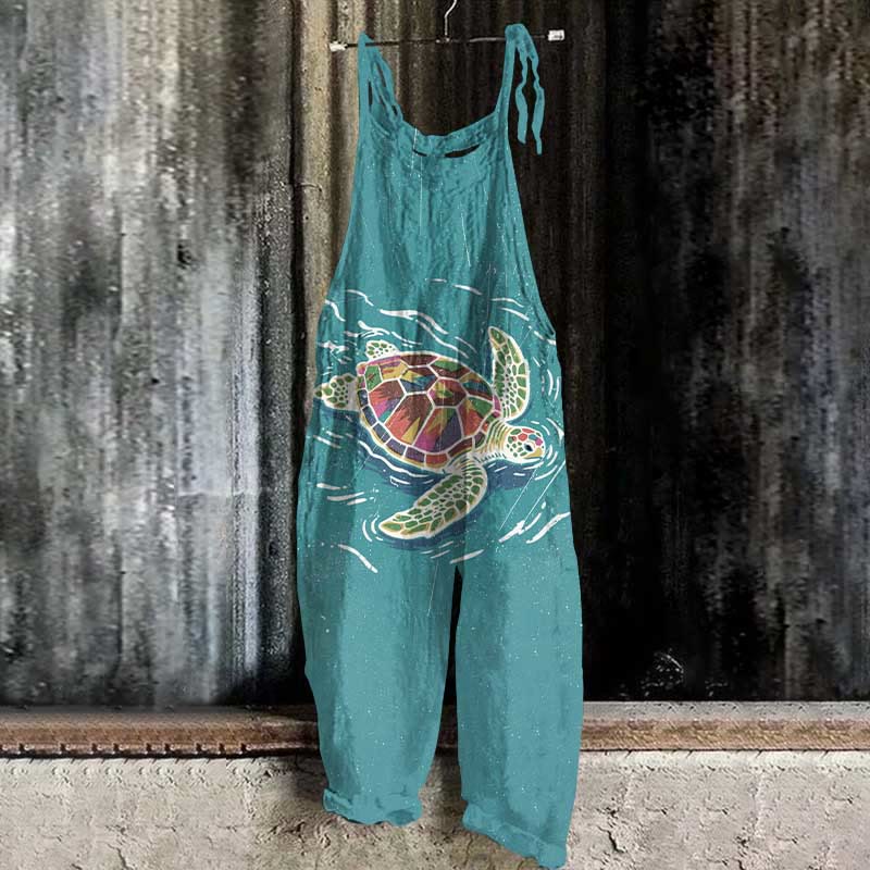 Rainy Colorful Sea Turtle Art Print Casual Jumpsuit  - Green - 5XL - image 1