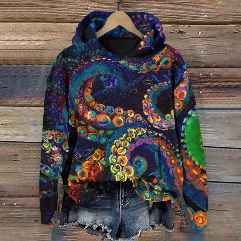 Mysterious Rainbow Octopus Tentacles Art Print Long Sleeve Hoodie - Multicolor - US44-46(8XL) - image 1