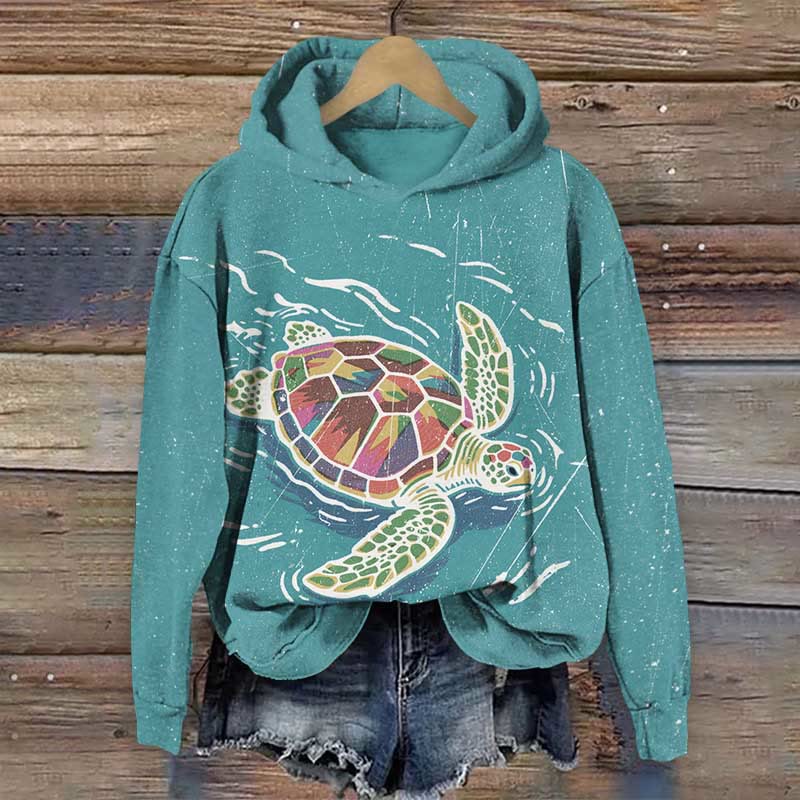 Rainy Colorful Sea Turtle Art Print Long Sleeve Hoodie - Green - US44-46(8XL) - image 1