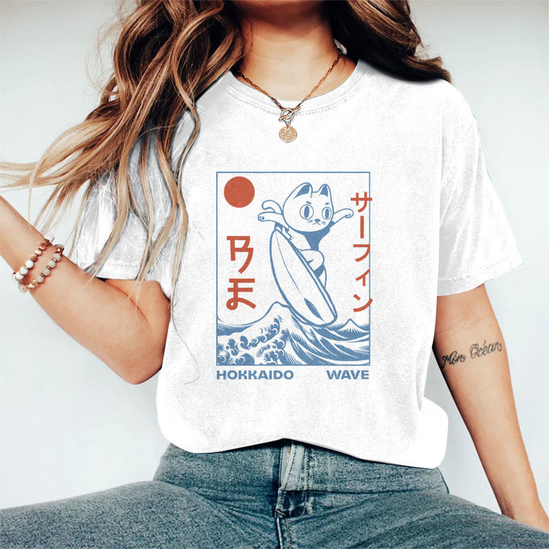 100% Cotton Women's Japanese Surfing Cat Art Print Casual T-shirt - White - 2XL - image 1