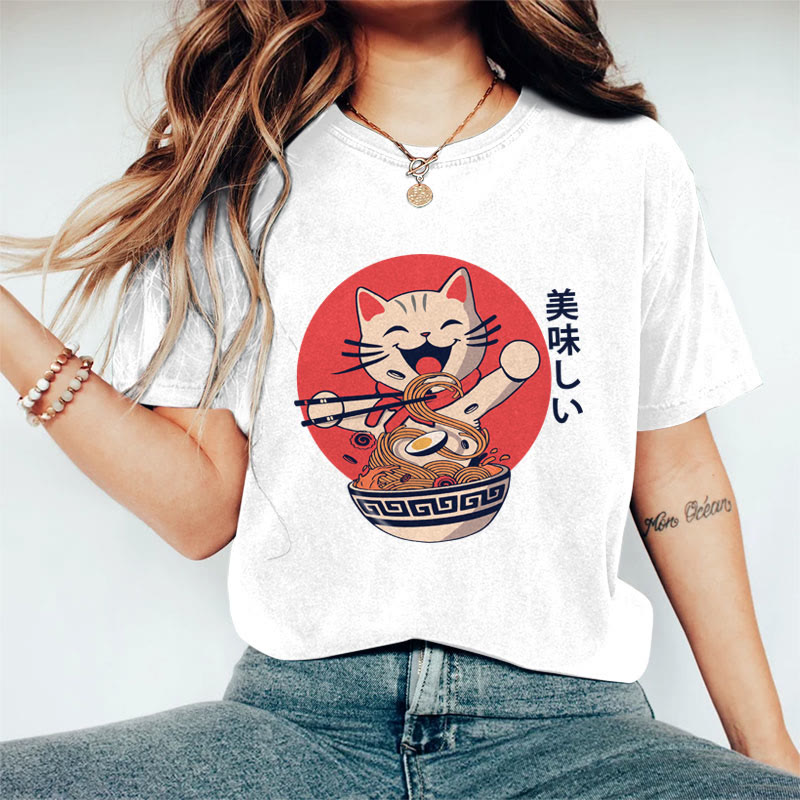 100% Cotton Women's Japanese Happy Cat Eating Noodles Art Print Casual T-shirt - White - 2XL - image 1