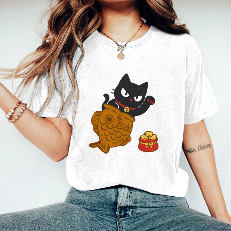 100% Cotton Women's Japanese Lovely Fish Black Cat Art Print Casual T-shirt - White - 2XL - image 1