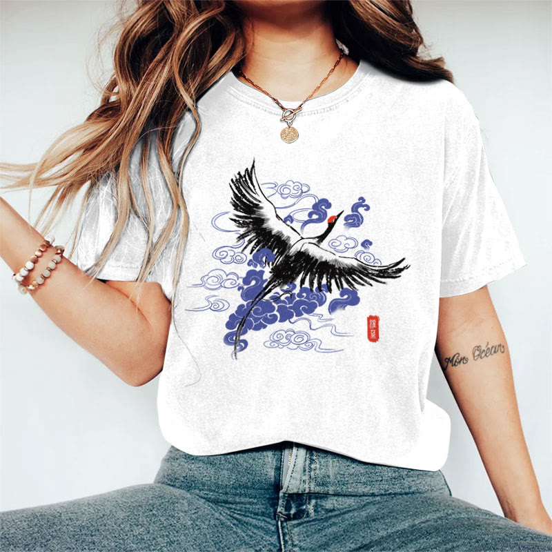 100% Cotton Women's  Japanese Elegant Crane & Cloud Art Print Casual T-shirt - White - 2XL - image 1
