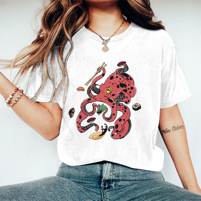 100% Cotton Women's Creative Japanese Octopus Eating Sushi Art Print Casual T-shirt - White - 2XL - image 1