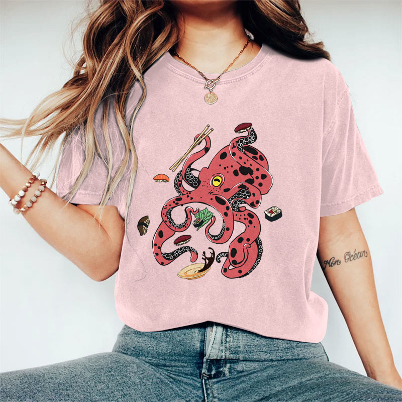 100% Cotton Women's Creative Japanese Octopus Eating Sushi Art Print Casual T-shirt - Pink - 2XL - image 3