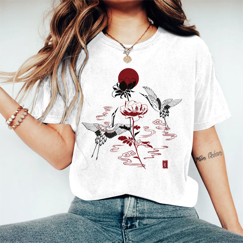 100% Cotton Women's Japanese Crane & Lotus Blossom Art Print Casual T-shirt - White - 2XL - image 1