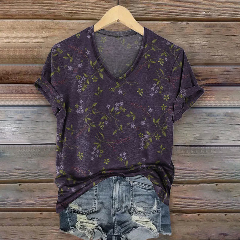 Vintage Gypsophila Art Print V-neck T-shirt - Black - US32-34(5XL) - image 1