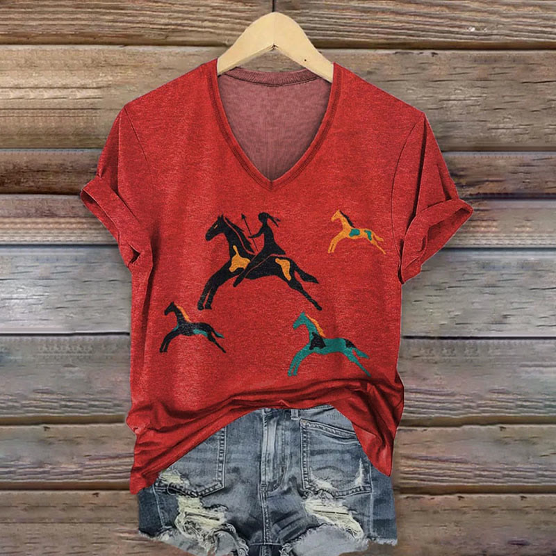 Vintage Horse Riding Girl Art Print V-neck T-shirt - Red - US32-34(5XL) - image 1
