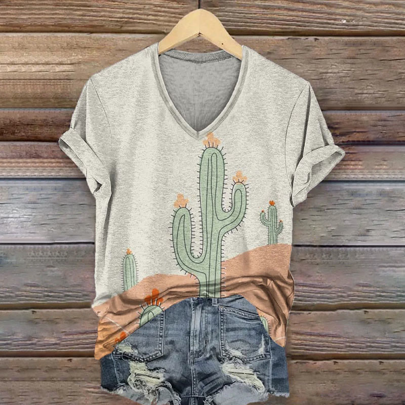 Vintage Desert Cactus Print V-neck T-shirt - Light Gray - US32-34(5XL) - image 1