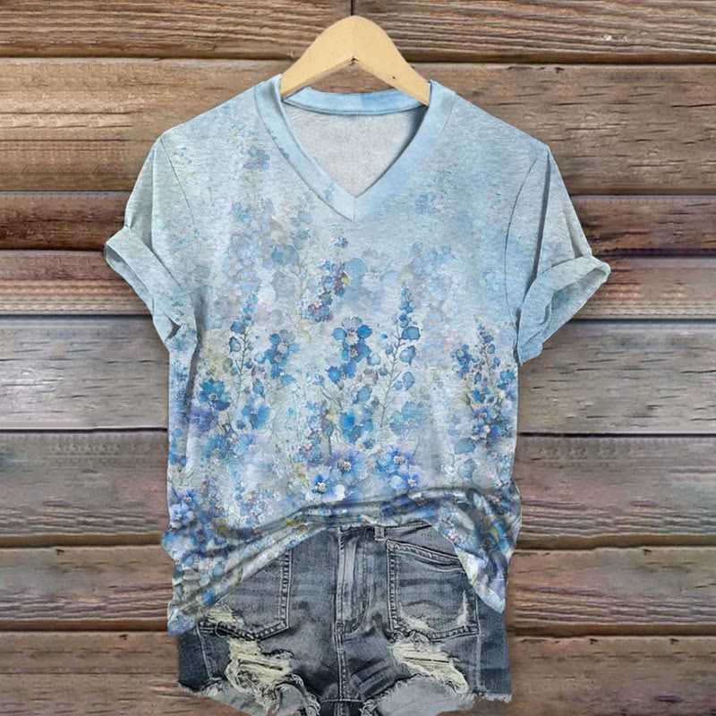 Vintage Mysterious Blue Lavender Art Print V-neck T-shirt - Blue - US32-34(5XL) - image 1
