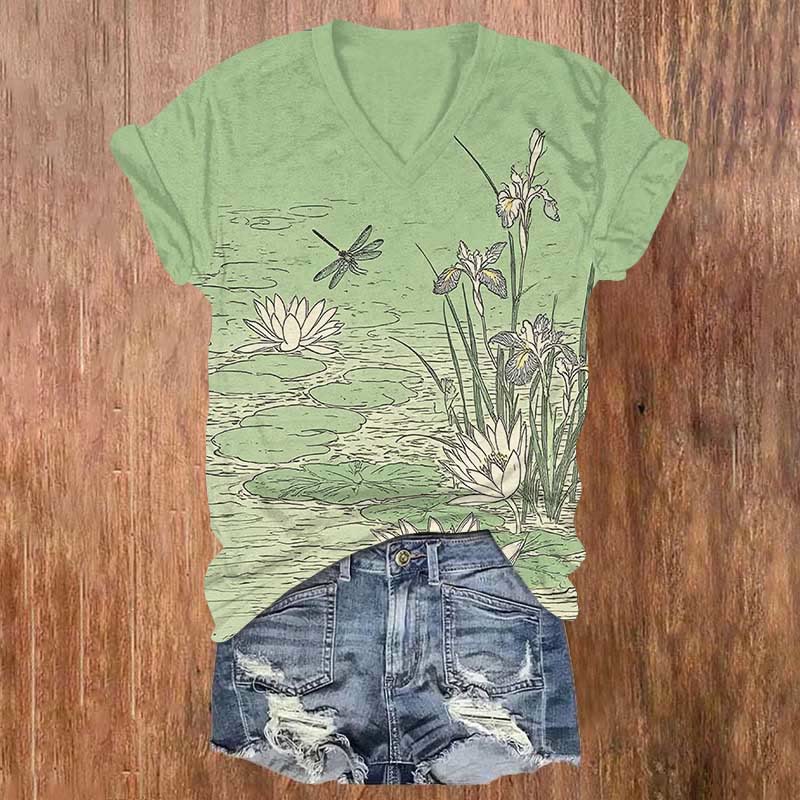 Vintage Lotus Blossom Pond & Dragonfly Art Print V-neck T-shirt - Green - US32-34(5XL) - image 1