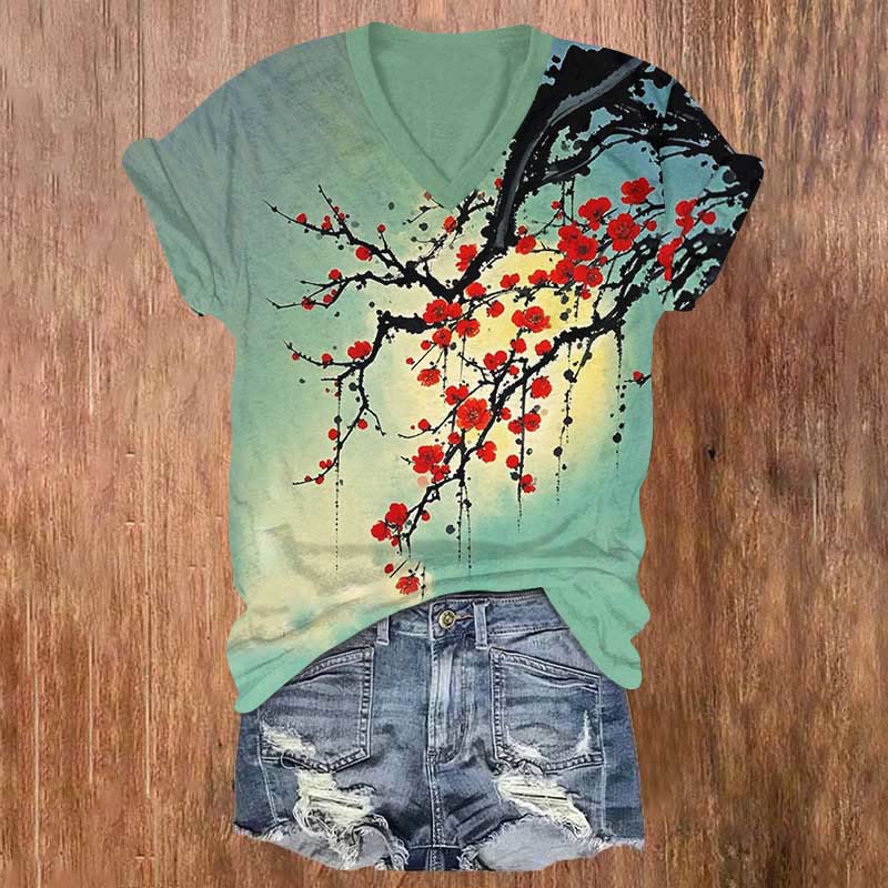 Vintage Japanese Red Sakura Art Print V-neck T-shirt - Green - US32-34(5XL) - image 1