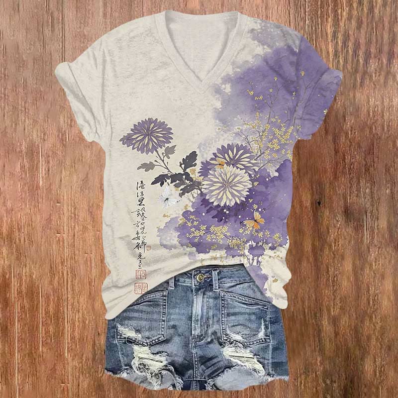 Japanese Vintage Flowers & Butterfly Art Print V-neck T-shirt - Apricot - US32-34(5XL) - image 1