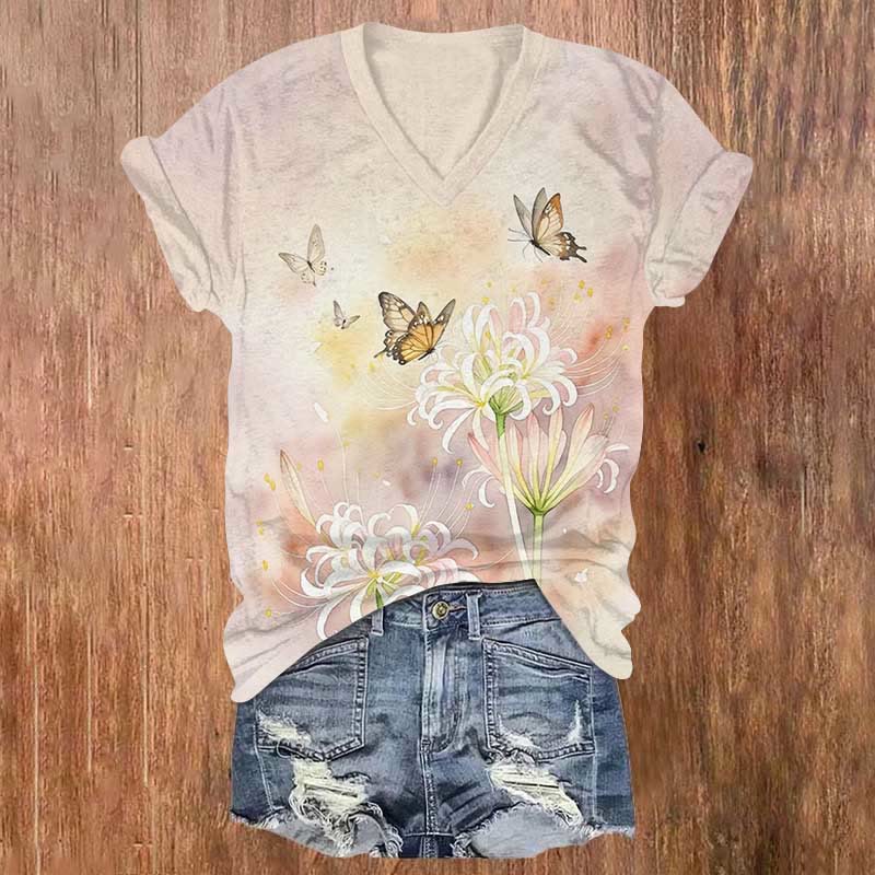 Japanese Fantasy Butterfly Floral Painting Print V-neck T-shirt - Pink - US32-34(5XL) - image 1