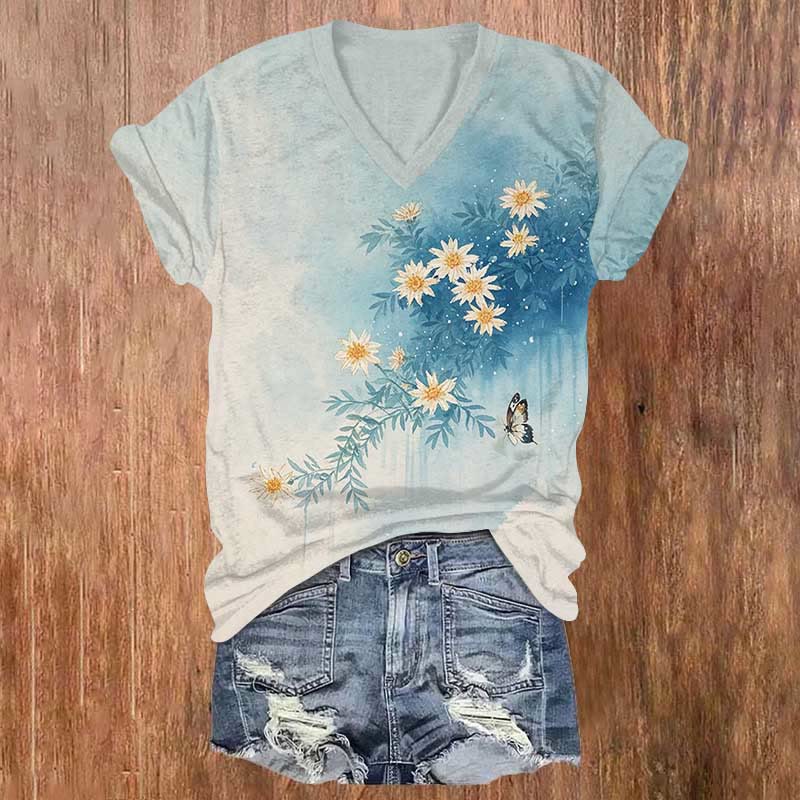 Japanese Butterfly & Clusters Of Flowers Print V-neck T-shirt - Blue - US32-34(5XL) - image 1