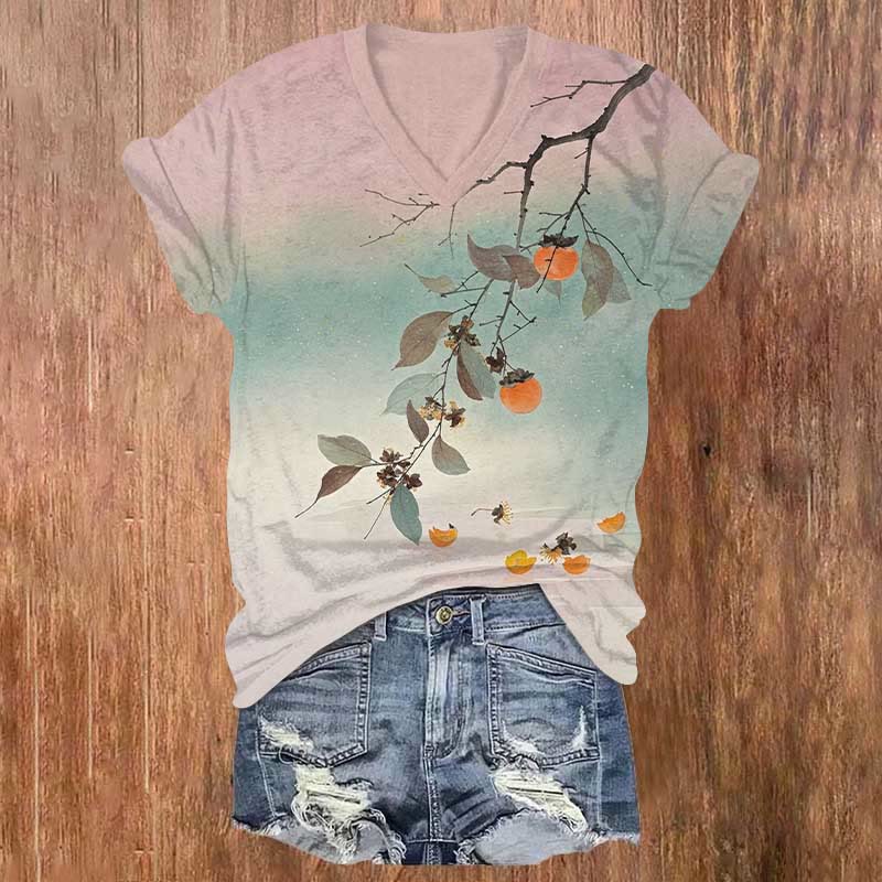 Japanese Vintage Persimmon Art Print V-neck T-shirt - Pink - US32-34(5XL) - image 1