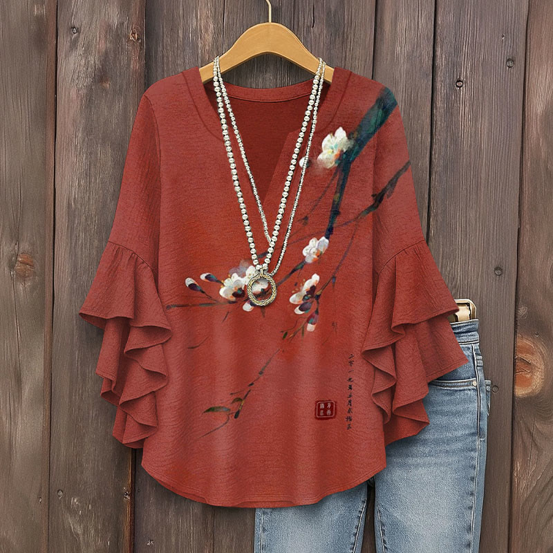 Vintage Plum Blossom Art Print V Neck Half Sleeve Blouse - Red - 5XL - image 1