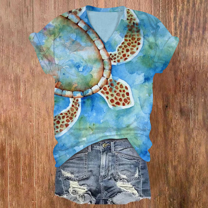 Contrast Watercolor Turtle Print V-neck T-shirt - Blue - US32-34(5XL) - image 1