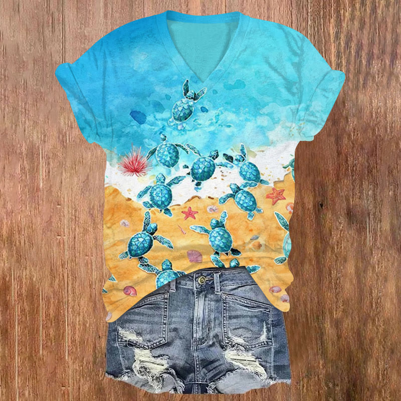 A Group Of Baby Turtles Crawling Towards The Ocean Print V-neck T-shirt - Blue - US32-34(5XL) - image 1