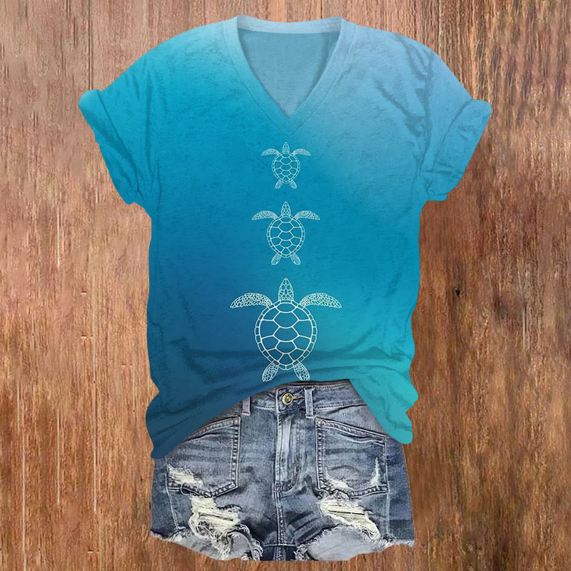 Asymmetric Ombre Turtle Print V-neck T-shirt - Blue - US32-34(5XL) - image 1