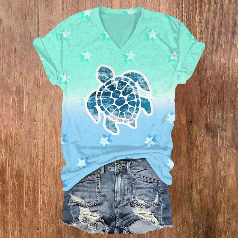 Contrast Star Turtle Print V-neck T-shirt - Green - US32-34(5XL) - image 1