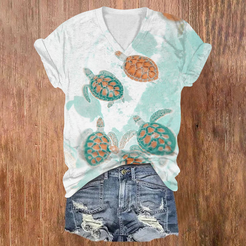 A Group Of Turtles Watercolor Print V-neck T-shirt - Green - US32-34(5XL) - image 1